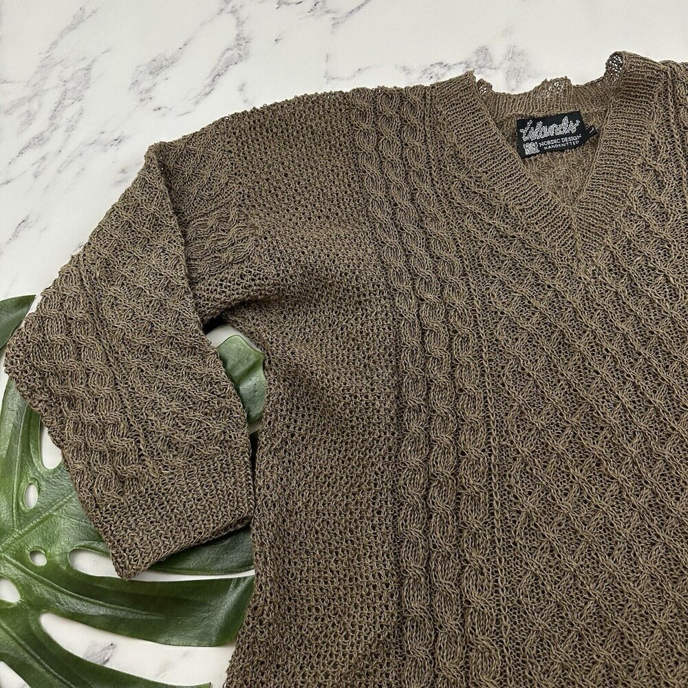 Nordic Design Hand Knitted Womens Sweater Size L Taupe Gray Open Knit Pullover - Picture 4 of 11